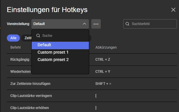 SolveigMM HTML5 Video Editor - Profil der Tastenkombinationen