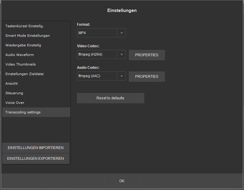 Registerkarte "Transcodierungseinstellungen"