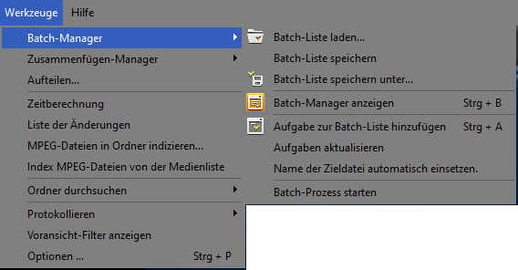 Untermenü "Batch-Manager"