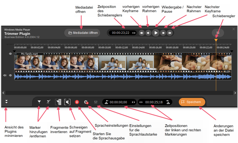 WMP Trimmer Plugin GUI-Steuerelemente, erweiterte Ansicht